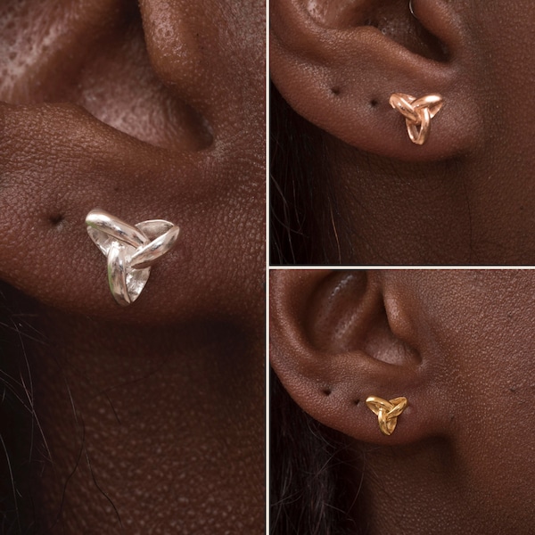 Triquetra Celtic 3D Stud in 3 hypoallergenic finishes, Gold, Rose Gold, Sterling Silver