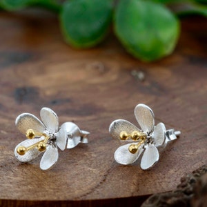 Little Flower Stud Earrings in Sterling Silver and 18ct Gold image 3