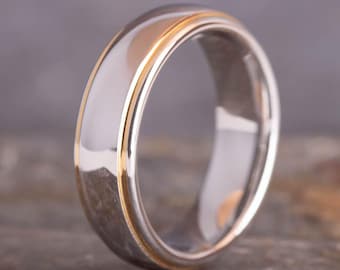 White Gold Tungsten Ring With Gold Trim(6mm Wide) | Unique Wedding Band