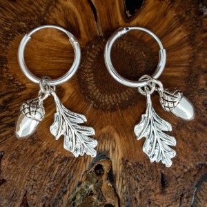 Acorn and Oak Leaf Hoop Earrings 925 Sterling Silver