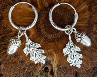 Acorn and Oak Leaf Hoop Earrings 925 Sterling Silver