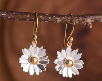 Scottish Daisy Flower Dangle Earrings with Gold Hook (pair)