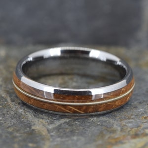 Guitar String & Whisky Barrel Wood Tungsten Ring (6mm wide)