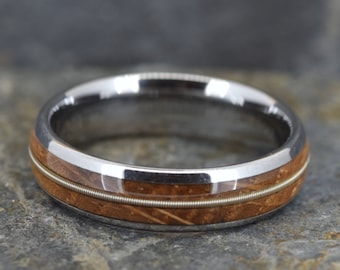 Guitar String & Whisky Barrel Wood Tungsten Ring (6mm wide)