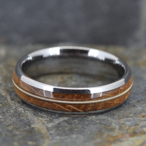 Guitar String & Whisky Barrel Wood Tungsten Ring (6mm wide)