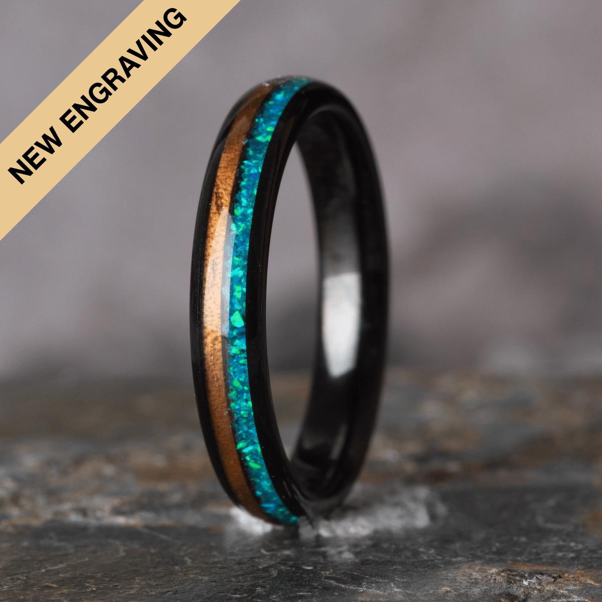 Opal and Koa Wood Black Tungsten Ring (4mm wide)