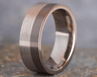 Black And Silver Two Tone Brushed Titanium Ring (8mm Wide) Lightweight Minimalist Band