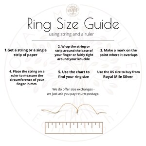 May include: Diagram showing how to measure your ring size using a string and a ruler. The instructions include wrapping the string around your finger, marking the string, and measuring the string with a ruler. The text also mentions using the US size to buy from Royal Mile Silver.