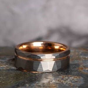 Hammered Silver Tungsten Ring with Rose Gold Accent (8mm wide) image 3
