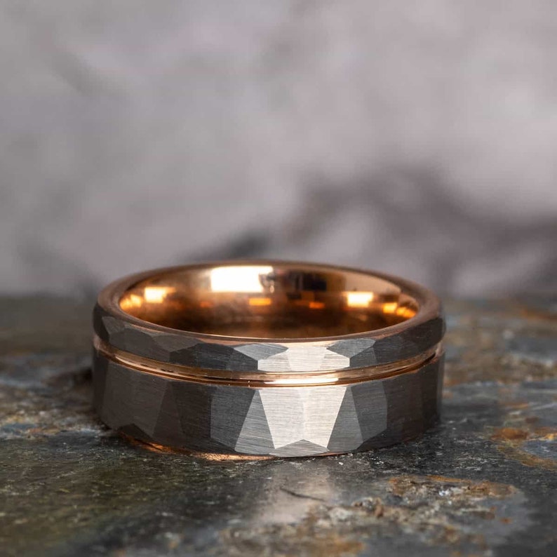 Hammered Silver Tungsten Ring with Rose Gold Accent (8mm wide) image 3