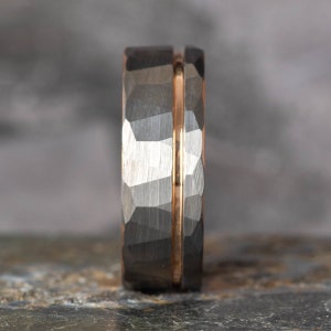 Hammered Silver Tungsten Ring with Rose Gold Accent (8mm wide) image 5
