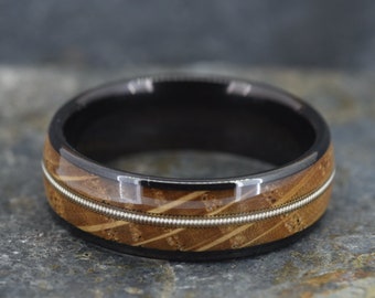 Guitar String & Whisky Barrel Wood Tungsten Ring on Black (8mm wide)