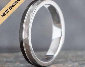 Hammered Brushed Silver and Black Tungsten Ring (4mm wide)