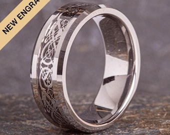Tungsten Carbide Celtic Dragon Ring| Silver Inlay Matching Rings  (8mm Band)