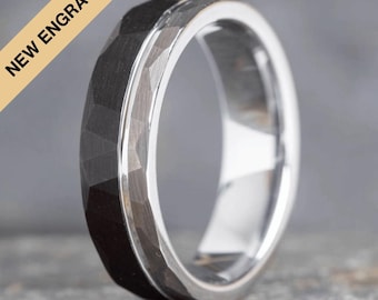 Hammered Brushed Silver and Black Tungsten Ring (6mm wide)