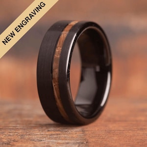 Black Tungsten Ring with Whisky Barrel Wood Inlay Straight Edge (8mm wide)