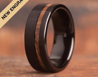 Black Tungsten Ring with Whisky Barrel Wood Inlay Straight Edge (8mm wide)