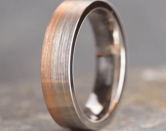 Rose Gold And Silver Two Tone Brushed Titanium Ring (6mm Wide) Lightweight Minimalist Band