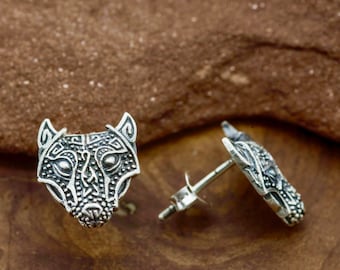 Viking Celtic Fenrir Wolf Sterling Silver Stud Earrings