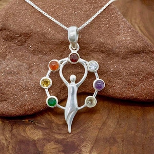 Crystal Goddess Pendant|Silver with 7 Gems|Chakra Necklace|Sterling Silver
