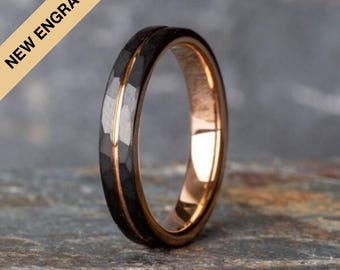 Hammered Black Tungsten Ring with Rose Gold Accent (4mm wide)