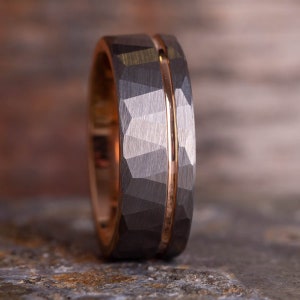 Hammered Silver Tungsten Ring with Rose Gold Accent (8mm wide) image 4
