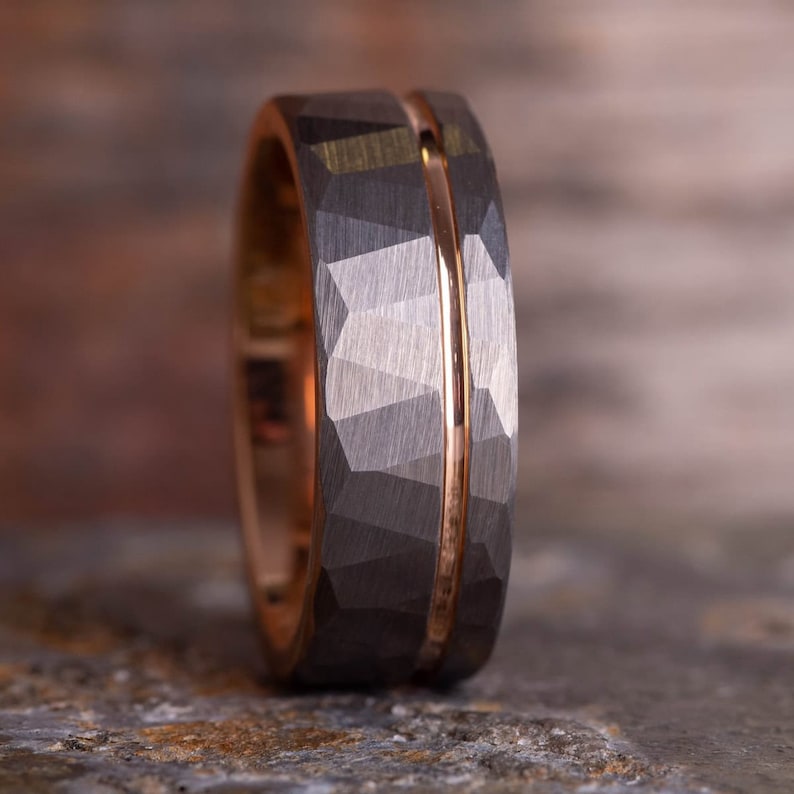 Hammered Silver Tungsten Ring with Rose Gold Accent (8mm wide) image 4