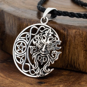 Green Man Crescent Moon Sterling Silver Pendant