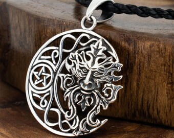 Green Man Crescent Moon Sterling Silver Pendant