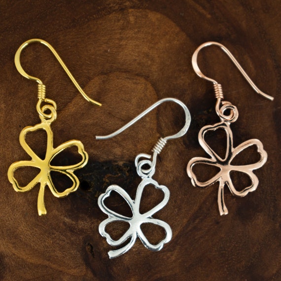 Four Leaf Clover Drop Earrings in Sterling Silver Gold Rose Gold (pair)