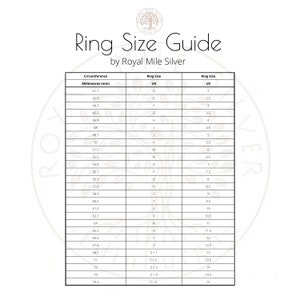 May include: A ring size guide chart with a white background and black text. The chart lists ring sizes in UK and US sizes, along with the corresponding circumference in millimeters.