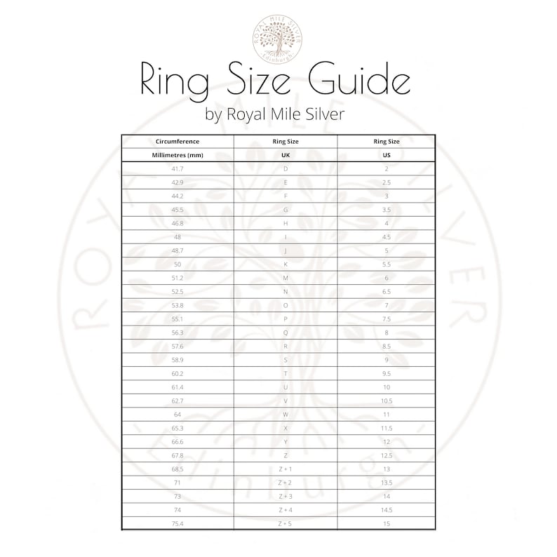 May include: A ring size guide chart with a white background and black text. The chart lists ring sizes in UK and US sizes, along with the corresponding circumference in millimeters.