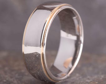White Gold Tungsten Ring With Gold Trim (8mm Wide) | Unique Wedding Band