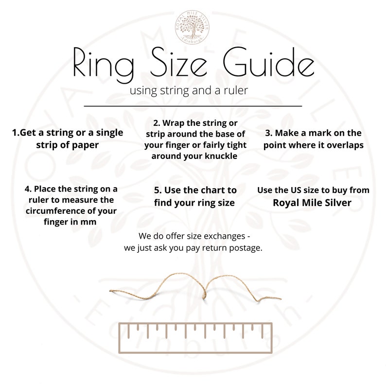May include: Diagram showing how to measure your ring size using a string and a ruler. The instructions include wrapping the string around your finger, marking the string, and measuring the string with a ruler. The text also mentions using the US size to buy from Royal Mile Silver.