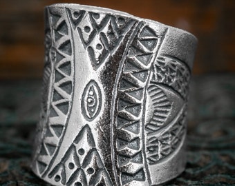 Handmade Britannia Silver Tribal Ring: Oxidized Patterned Band - Etsy