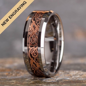 Tungsten Carbide Celtic Dragon Rose Gold Ring Inlay (8mm wide)