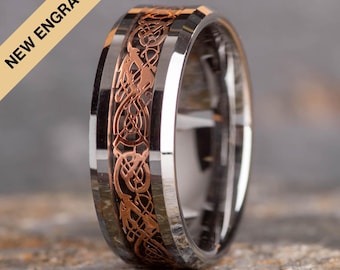 Wolfraamcarbide Keltische draak roségouden ring ingelegd (8 mm breed)