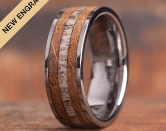 Stag Antler and Whisky Barrel Wood Tungsten Ring - 8mm wide