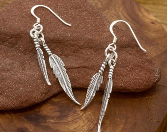 Double Silver Feather Earrings