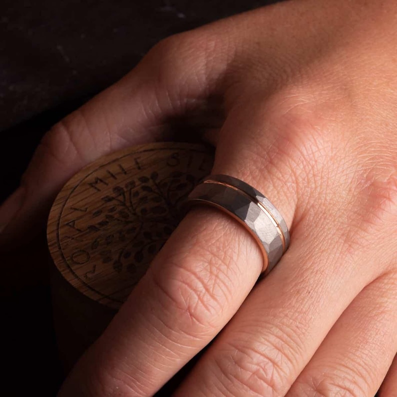 Hammered Silver Tungsten Ring with Rose Gold Accent (8mm wide) image 2