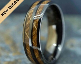 Bague en bois de tonneau à whisky et tungstène noir (8 mm de large)