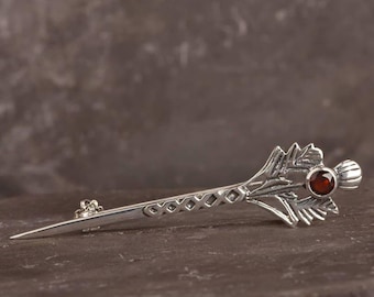 Thistle Flower Brooch With Genuine Garnet | Scottish Jewellery | Celtic Flower Pin