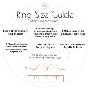 May include: Ring size guide with instructions. The guide shows how to measure finger circumference using a string and ruler. Text includes steps 1-5, and the text "Ring Size Guide" is at the top.