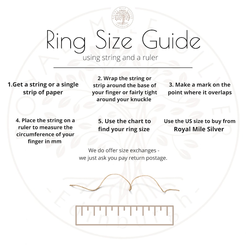 May include: Ring size guide with instructions. The guide shows how to measure finger circumference using a string and ruler. Text includes steps 1-5, and the text "Ring Size Guide" is at the top.