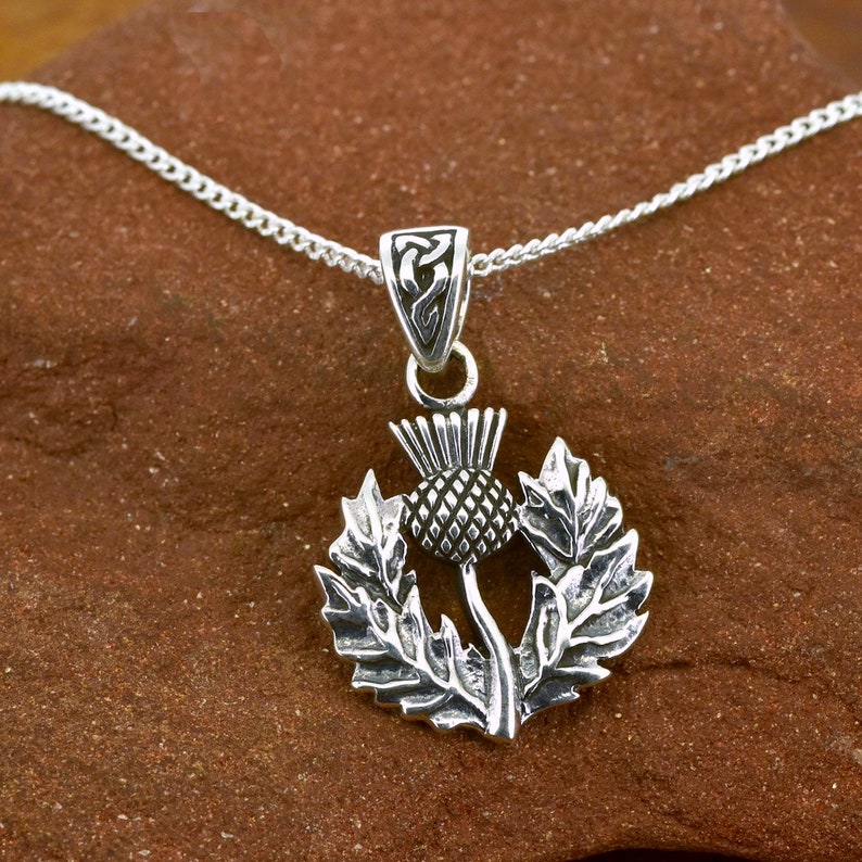 Puede incluir: Collar con colgante de plata con un dise&ntilde;o de cardo detallado con una anilla de nudo celta. El colgante est&aacute; en una cadena de plata.