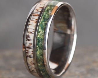 Moss Agate And Stag Antler Silver Tungsten Ring (8mm Wide) | Unique Wedding Band