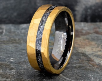 Hammered Tungsten Carbide Ring Gold with Meteorite Inlay (8mm wide)