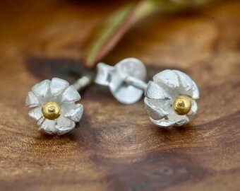 Tiny Flower Stud Earrings in Hypoallergenic Sterling Silver and Vermeil Gold