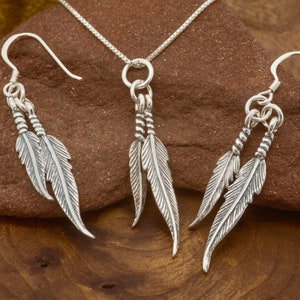 Feather Jewellery Set|Double Silver Feather Earring with Matching Pendant