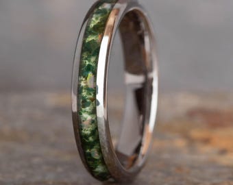 Moss Agate Silver Tungsten Ring (4mm Wide) | Unique Wedding Ring